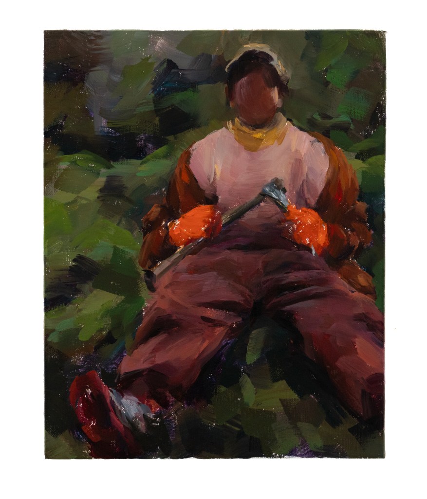 an oil painting of a child sitting in grass wearing colourful clothing and gloves, holding onto her sharp tool for fungus harvesting