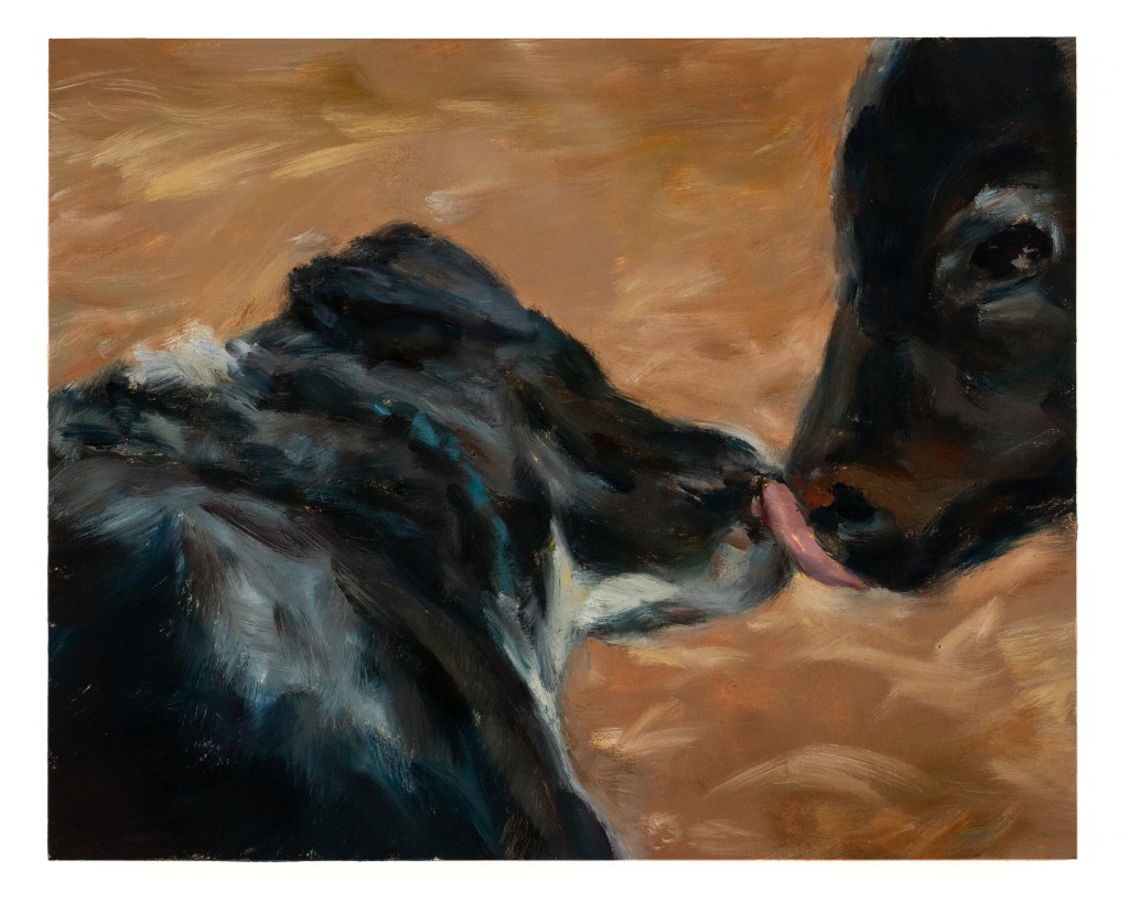 an oil painting of a dog licking milk off a calf's lips
