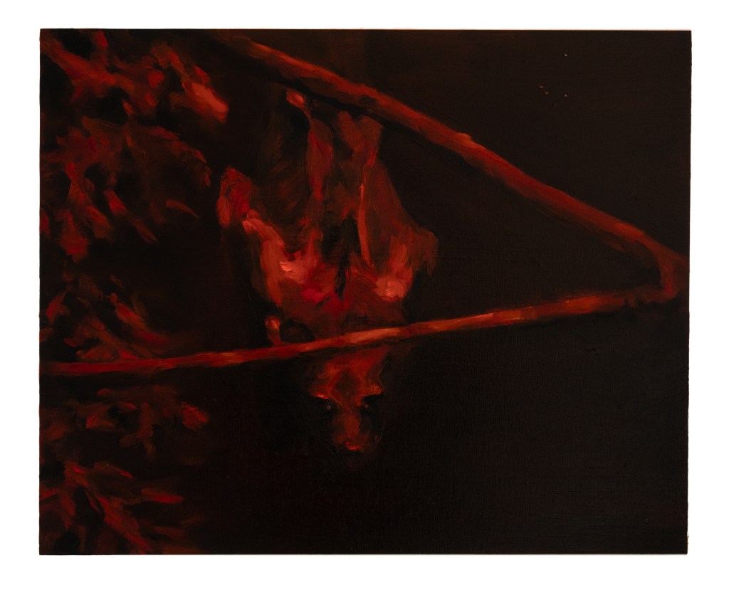 an oil painting of a bat lit in dark and red lighting