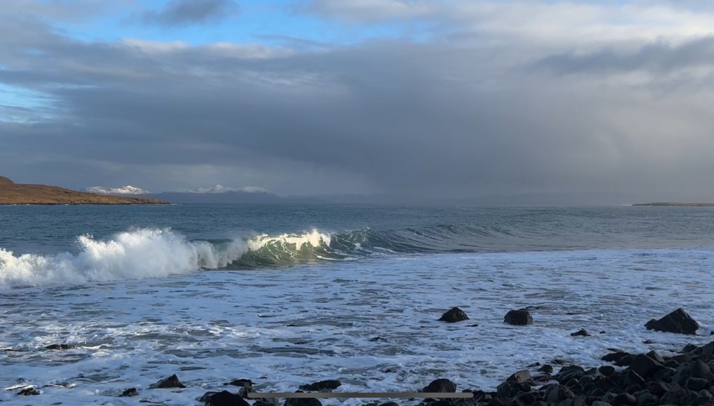 as a wave comes into shore, it is partially lit by the sun