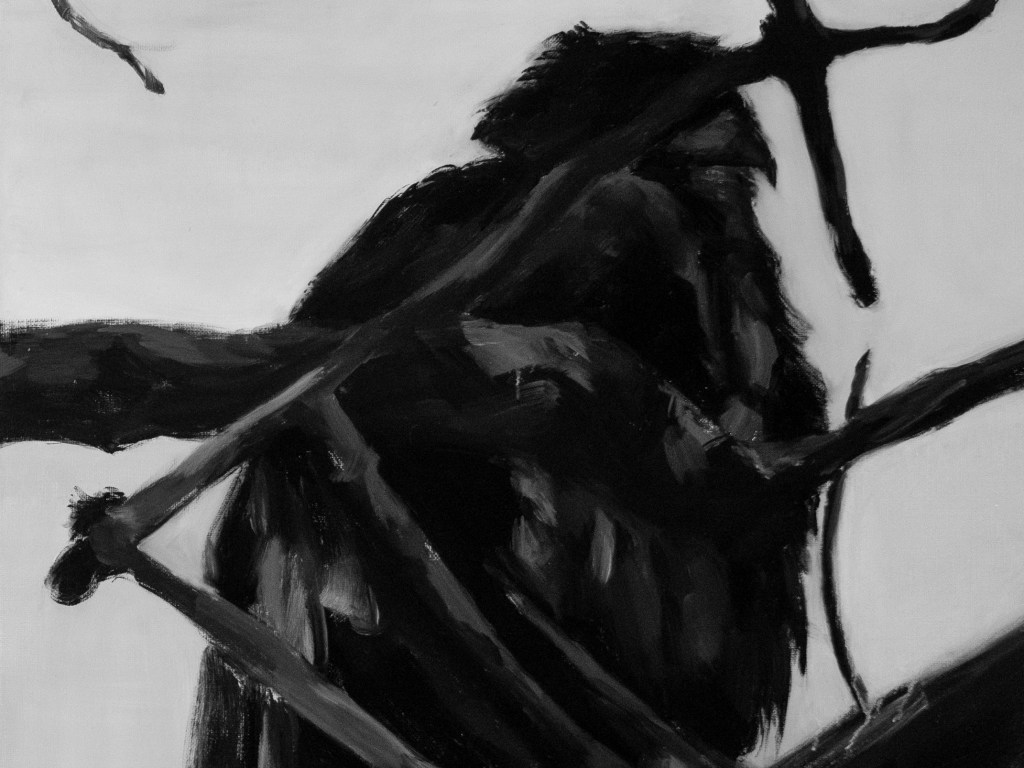 an oil painting of an eagle blending in with tree branches and shadows