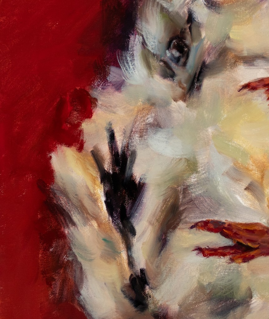 a close up of an oil painting depicting a chick who has passed away