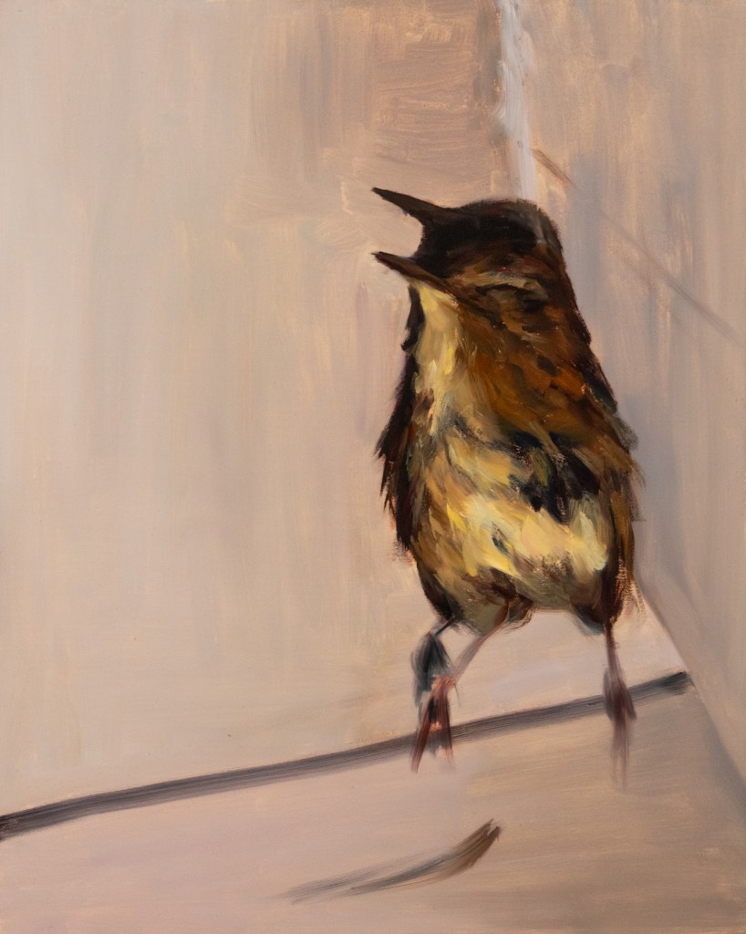 an oil painting of a dead bird lying in the corner of an interior space