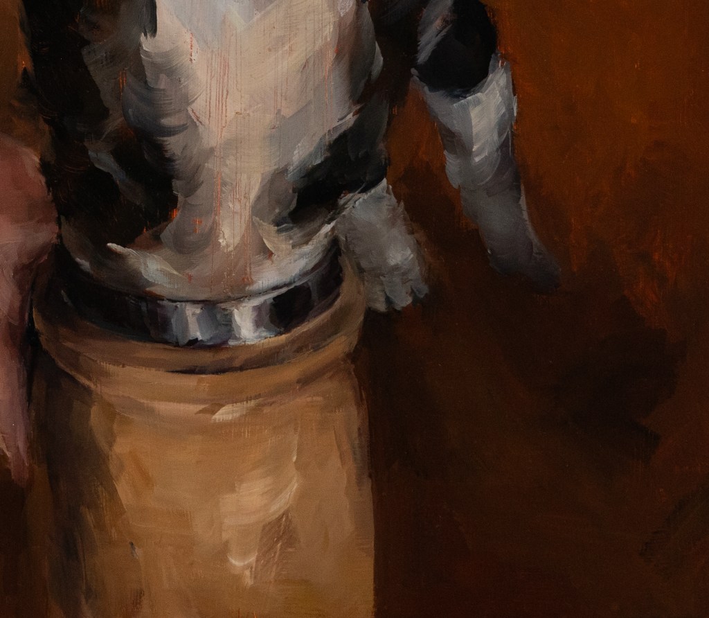 close up of an oil painting where a baby border collie is being fed water from a yellow water bottle