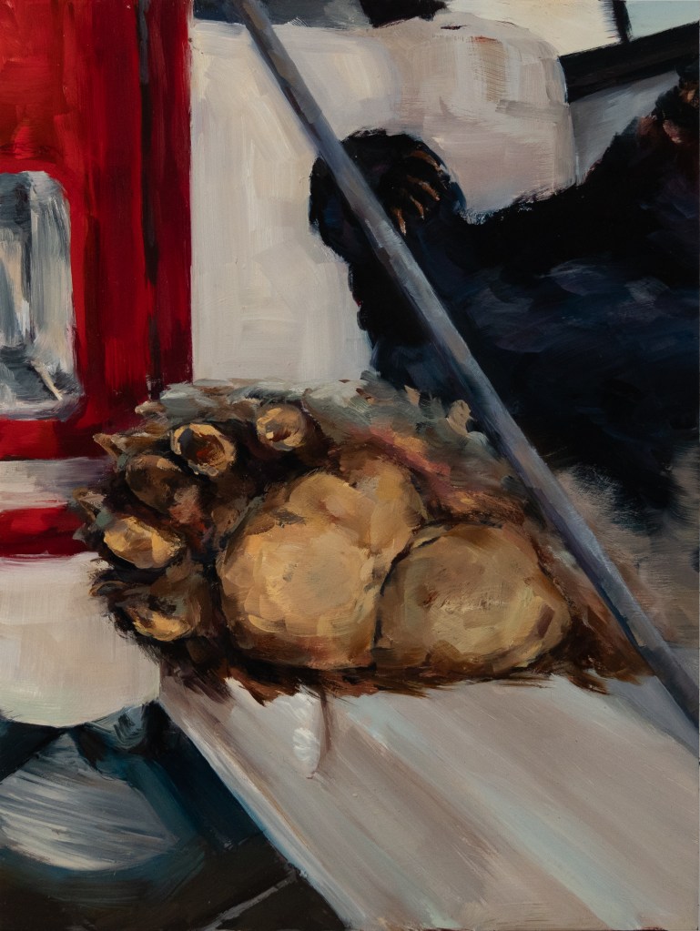 an oil painting of a bear's foot sticking out of a back of a truck