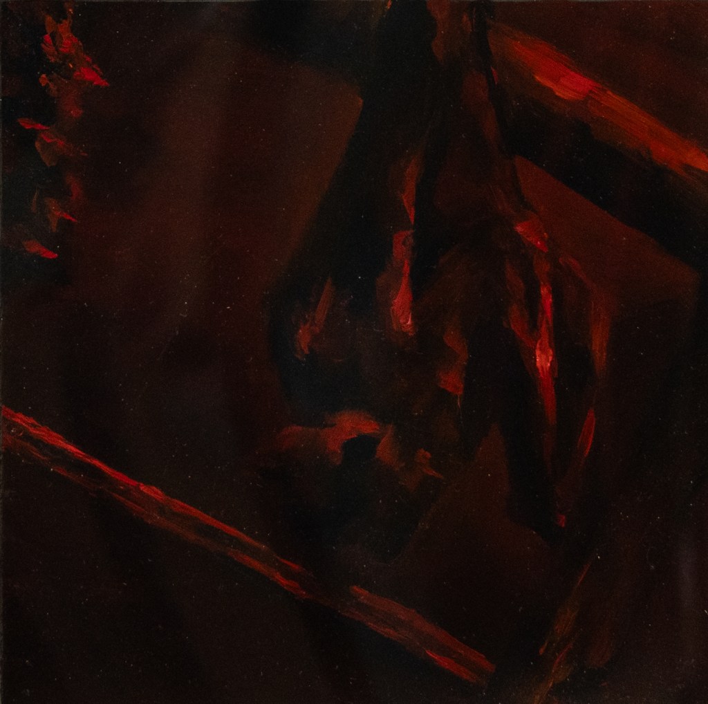 an oil painting of a bat hanging on a branch, lit in red light