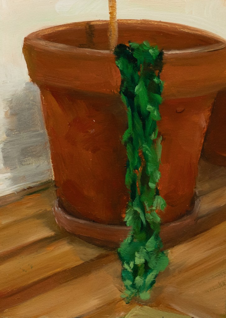 a painting of an unnamed plant abandoning its wooden support in the pot and seems to be dying dropping onto the ground
