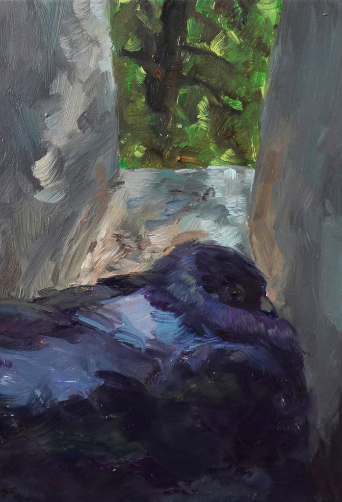 an oil painting of a pigeon nesting in a small narrow architecutre space, behind it a tree with green and lush leaves can be seen